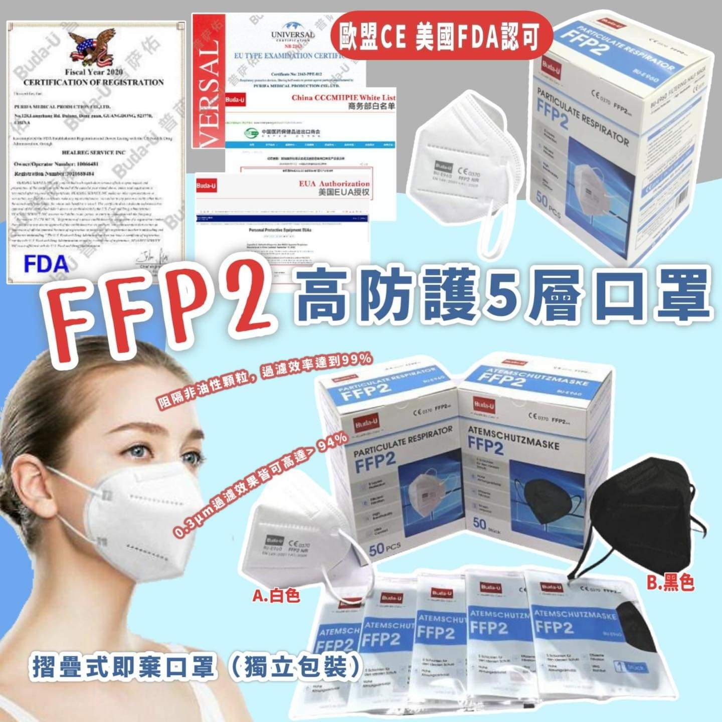 $80盒,3盒起$78盒。歐盟EUA CE美國FDA認可FFP2強效口罩(一盒50片 / 獨立包裝)