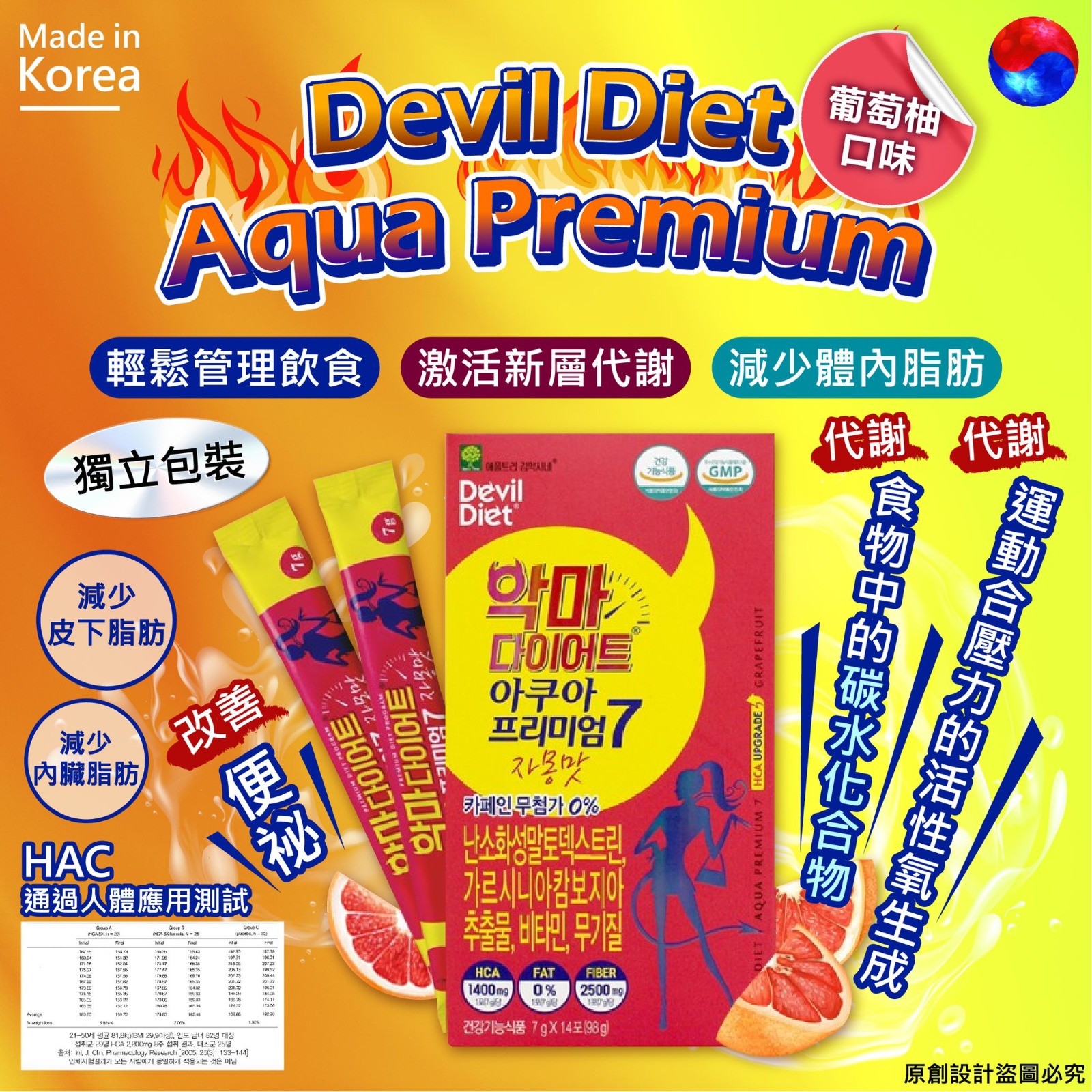 $118盒14入，2盒起$108盒。韓國Devil Diet Aqua Premium 葡萄柚味 7g x 14 包 獨立包裝