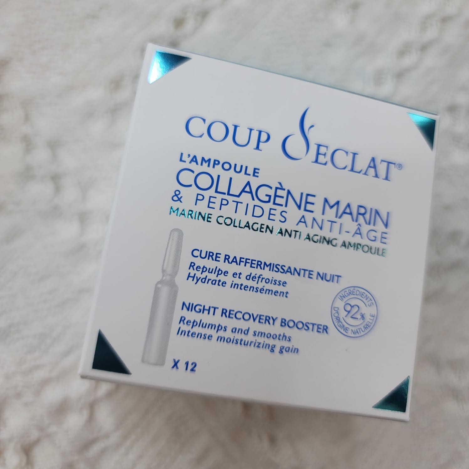 $188盒。3盒起$180盒。Coup D'eclat 海洋骨膠原青春還原安瓶精華（一盒12支）