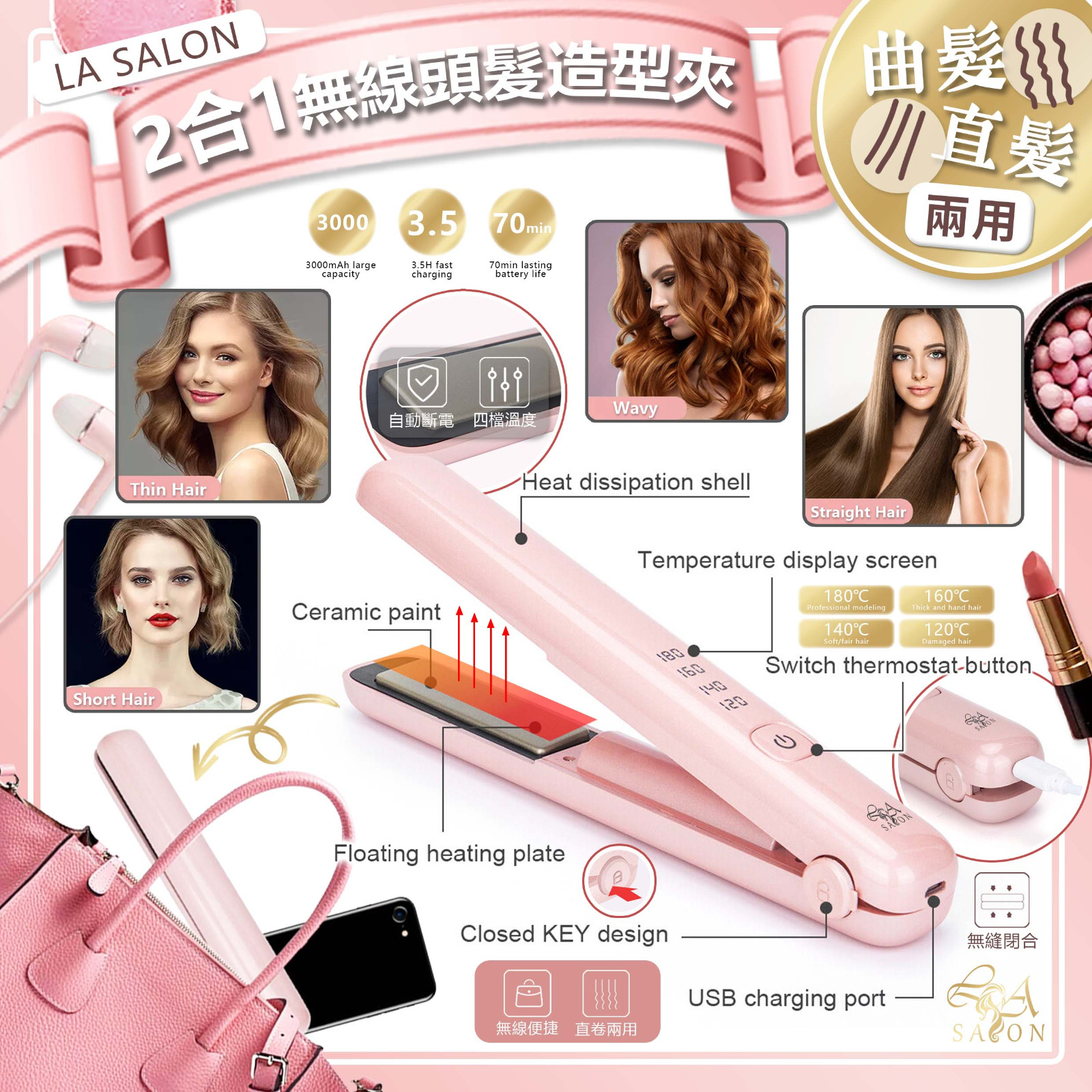 $105/1。2件起$98/1。LA SALON 二合一無線頭髮造型夾