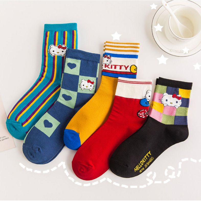 $68套5對。日系Hello Kitty原宿風撞色中筒襪子 (一套5對)