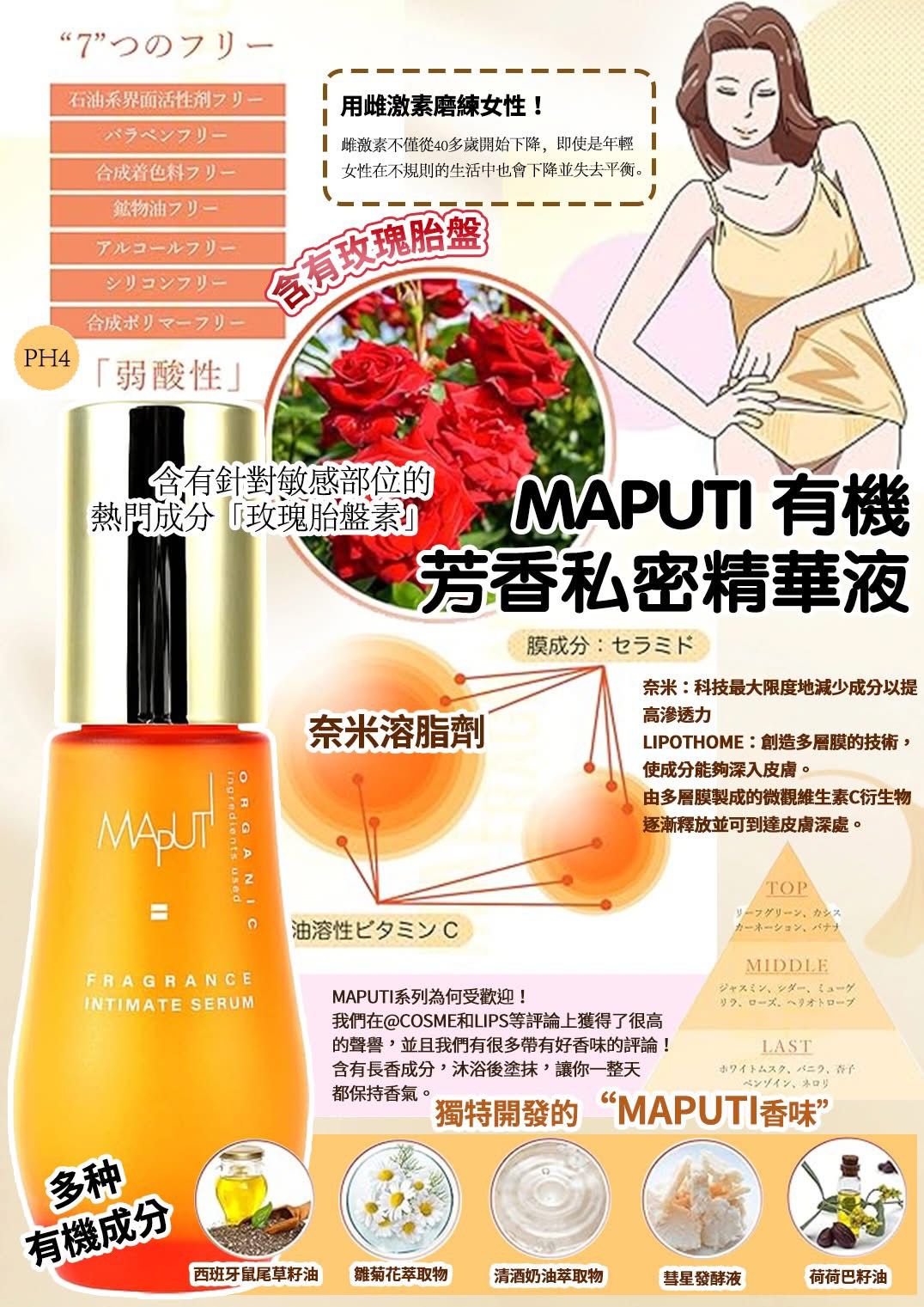 MAPUTI 有机芳香私密精華液30ml.$249支, 2支以上$229支。
