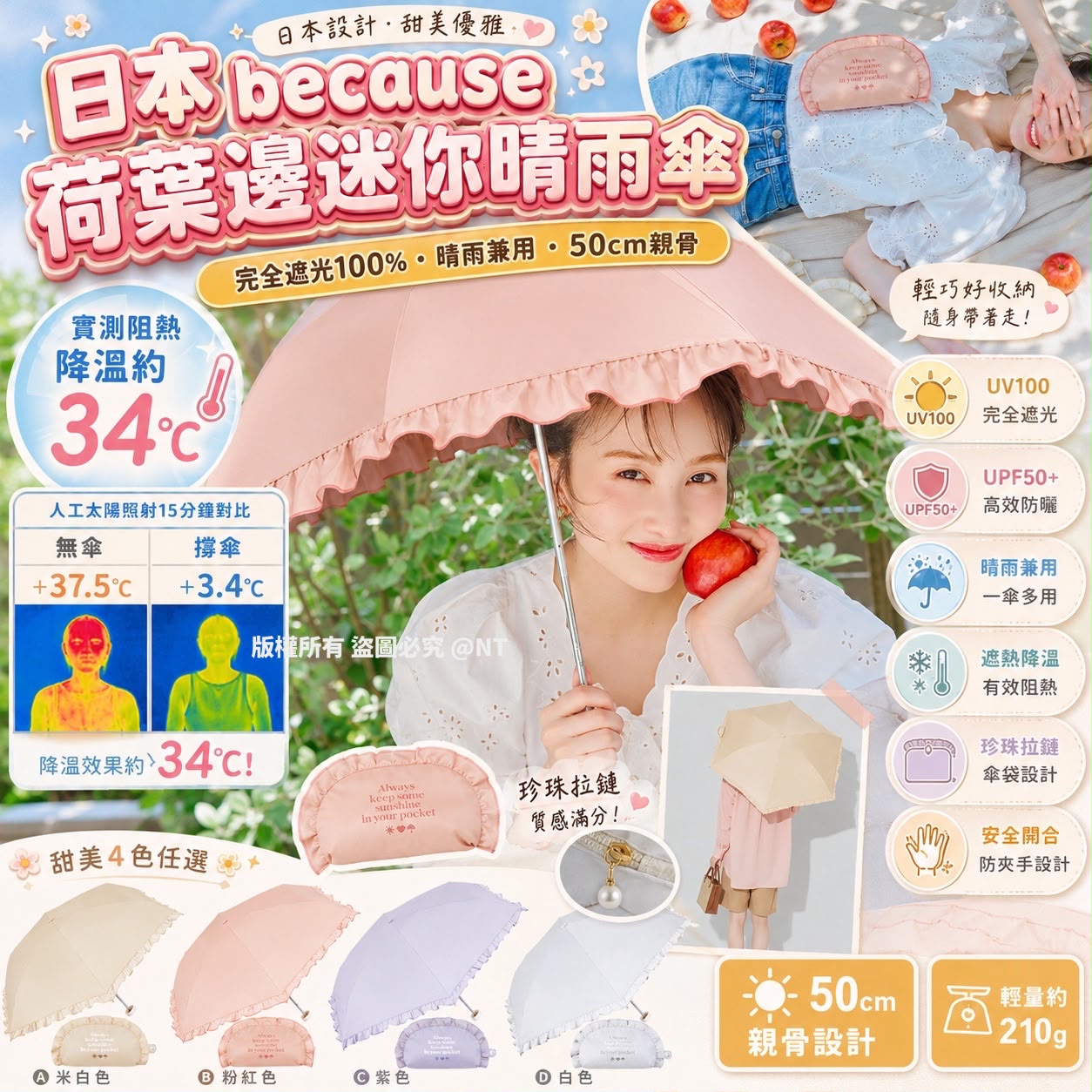 $ 185件,2件起$175件。日本because 荷葉邊迷你晴雨傘