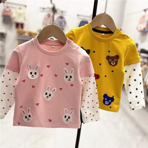 秋季日系男女童卡通假两件刺绣熊兔图案上衣90-130cm$80@1逢星期一cut單貨期7至10日。