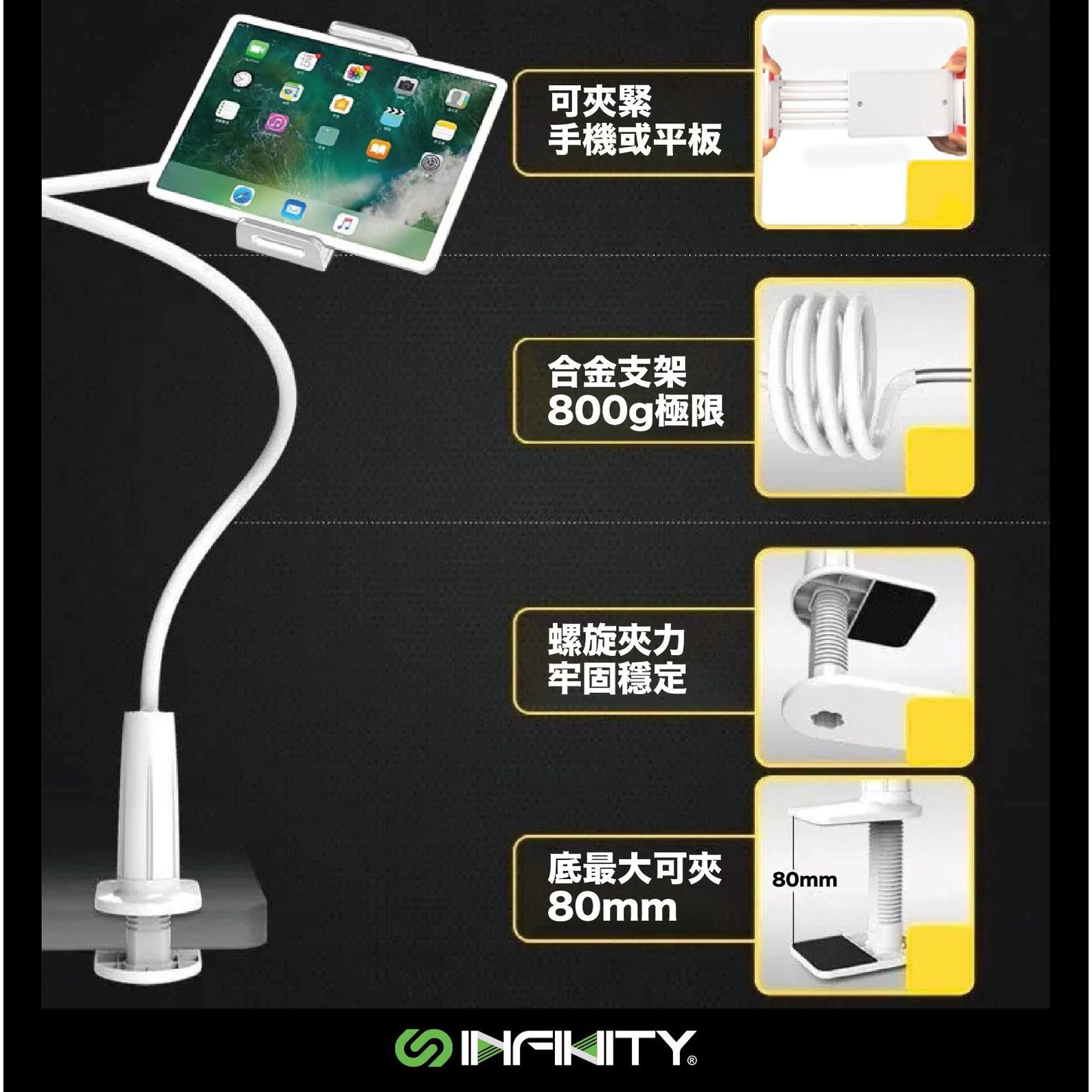 $88/1。2件起$8O/1。*超合金懶人支架 手機/平板適用版本*INFINITY MHH100**升級加粗 我很貴！但超穩*