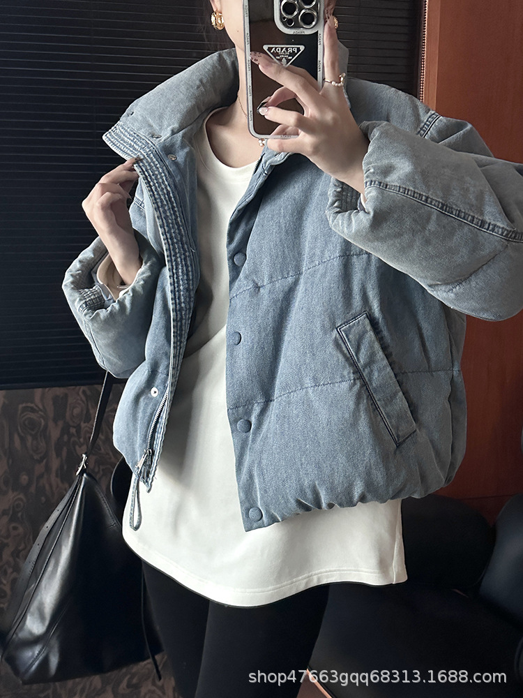 $138件。韩系牛仔蓝羽绒棉外套｜蓝色｜S-XL