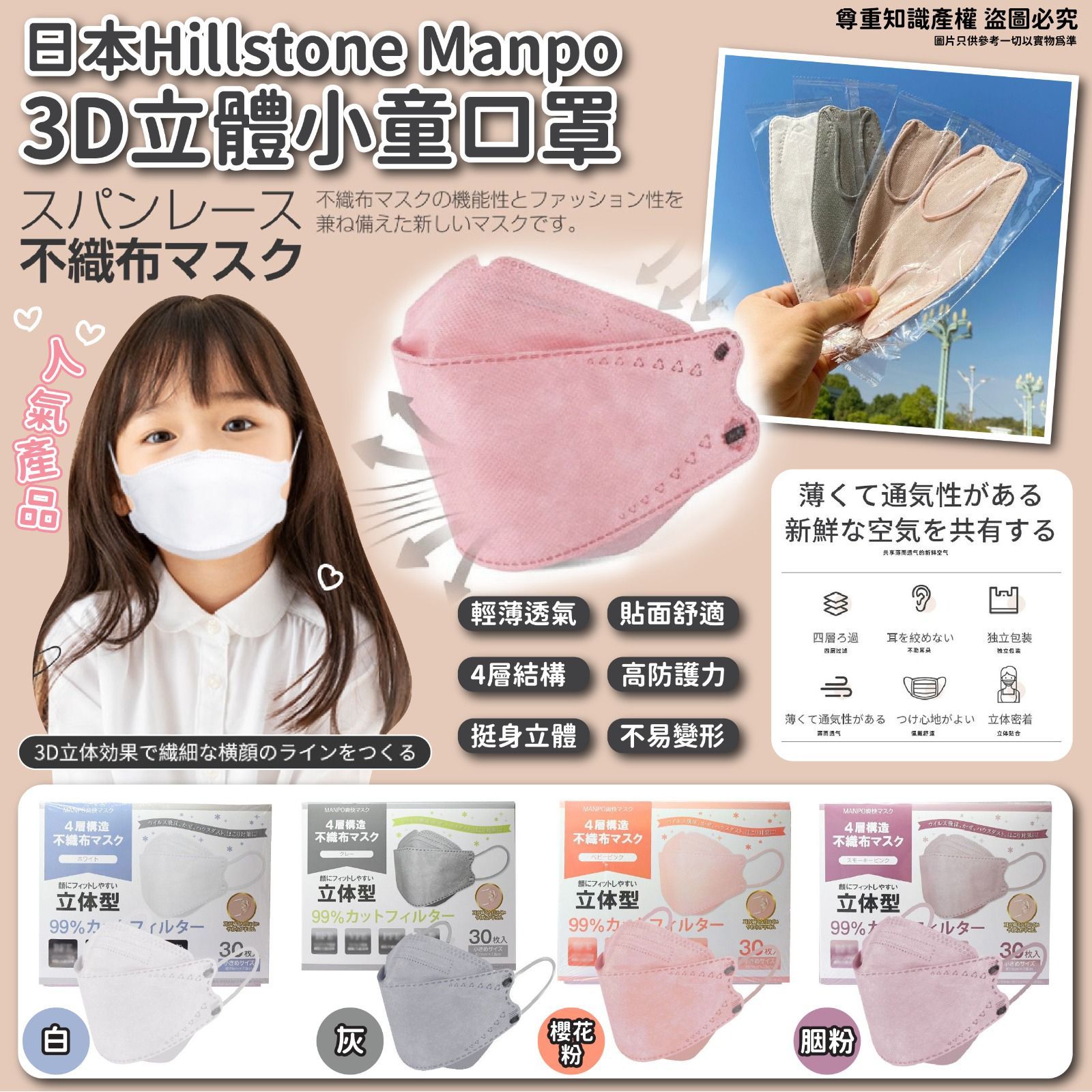 $90/3盒共9O個(可混色)。🇯🇵日本Hillstone Manpo 3D立體小童口罩