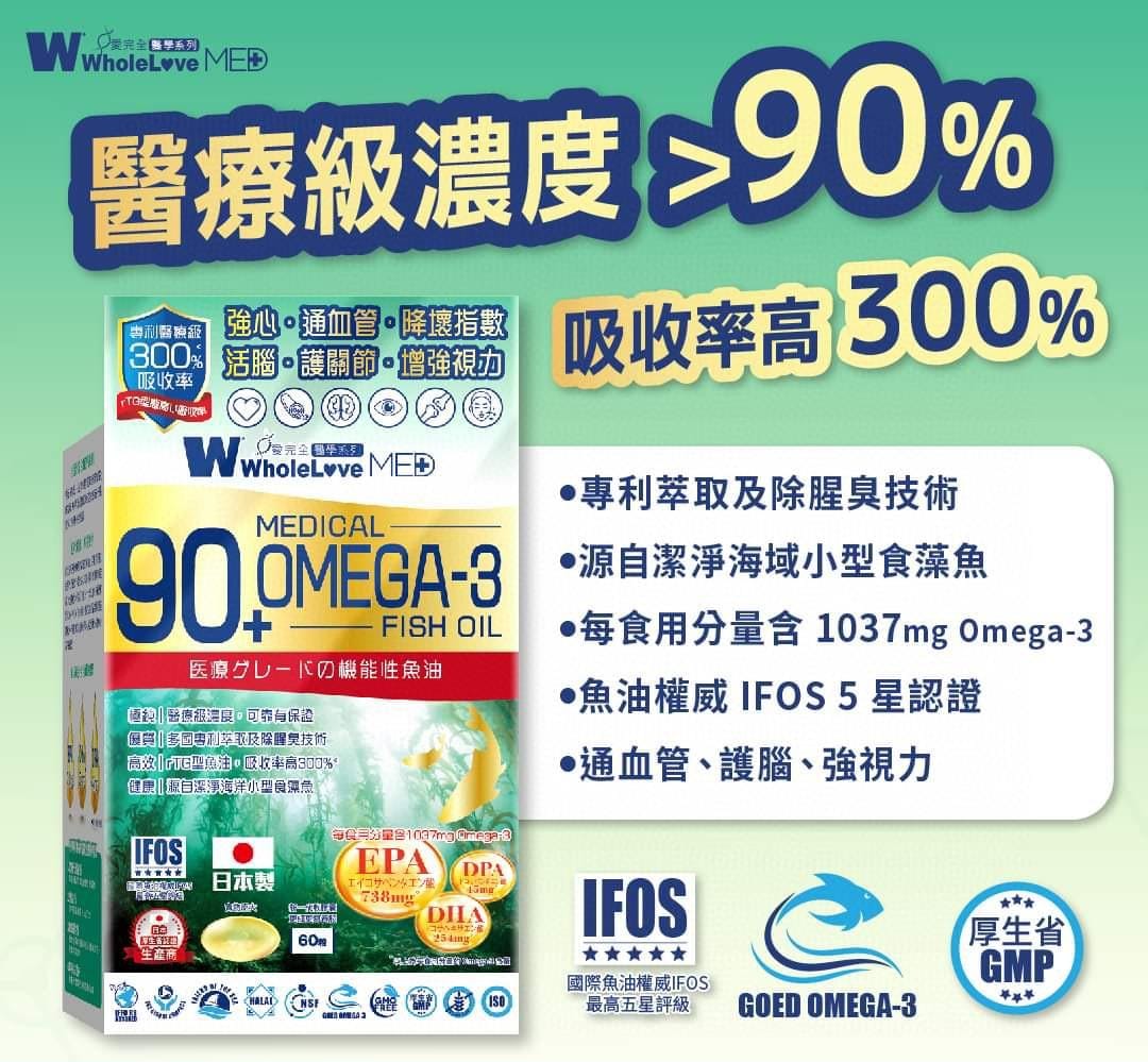 $258樽。2樽起$248樽。WholeLoveMed爱完全医学系列 极纯90+医疗级奧米加3鱼油丸 60粒