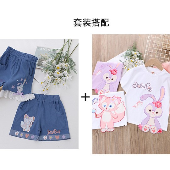 $58單件。一套$9O。2022夏季纯棉卡通T配薄牛仔短褲上衣顏色。粉/紫/白兔子。白狐狸。短褲。兔子/狐狸尺寸。100cm至140cm長訂貨期7至10日