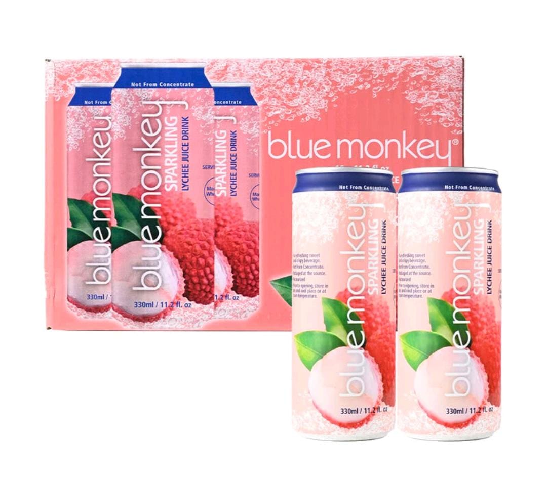 $150箱16罐。Blue Monkey越南进口荔枝果汁气泡饮料330ml x 16罐